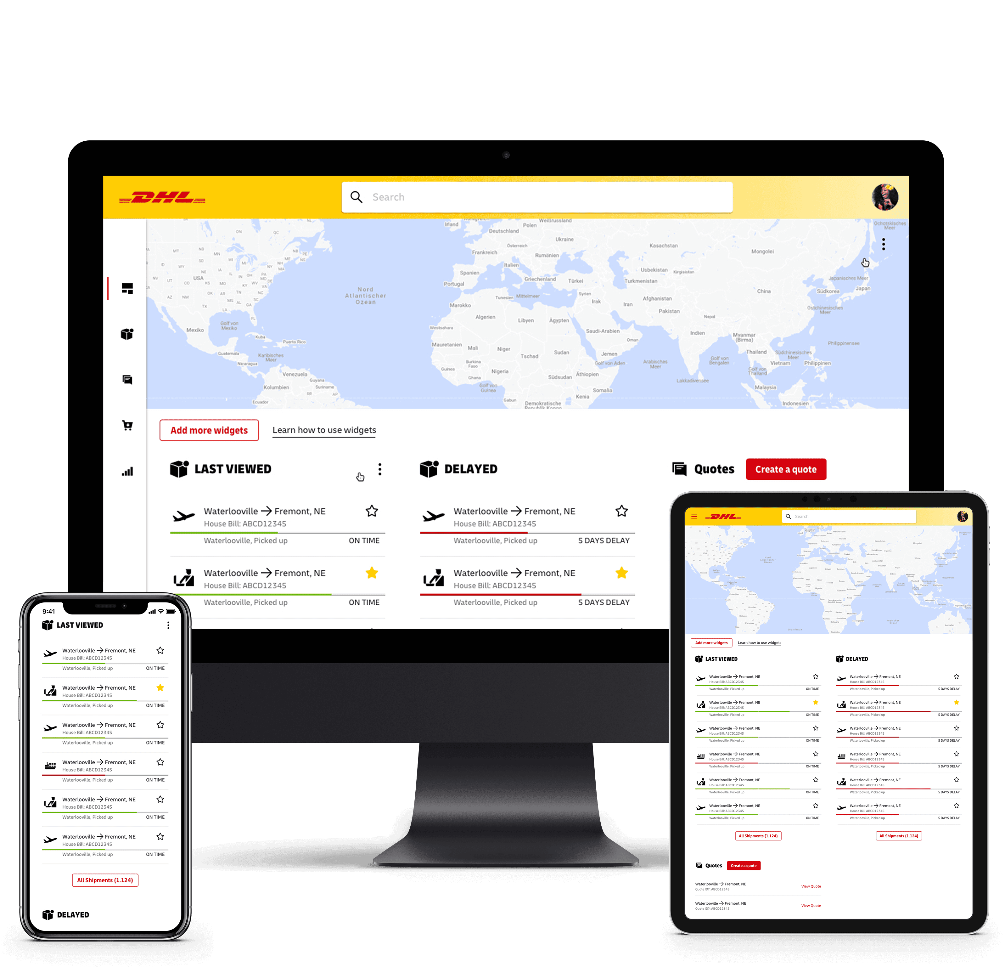 myDHLi Dashboard shown on iMac, iPad, and iPhone demonstrating responsive design