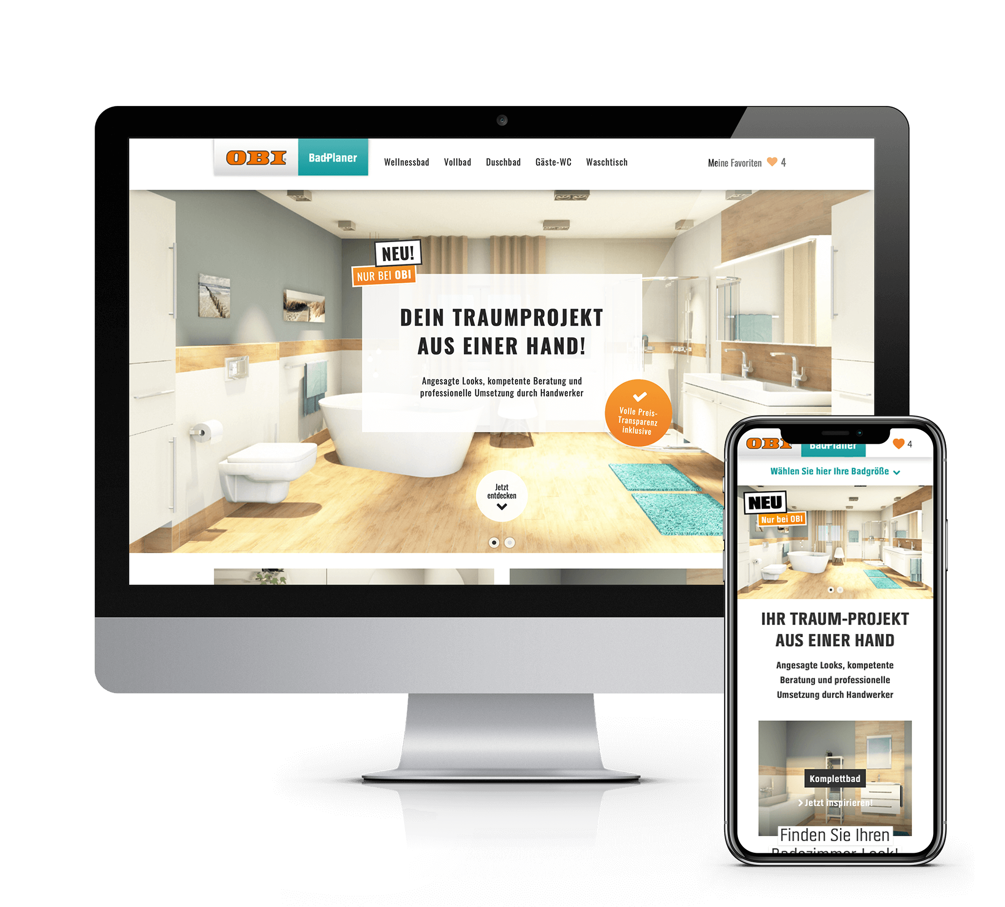OBI Next bathroom planner MVP shown on iMac and iPhone