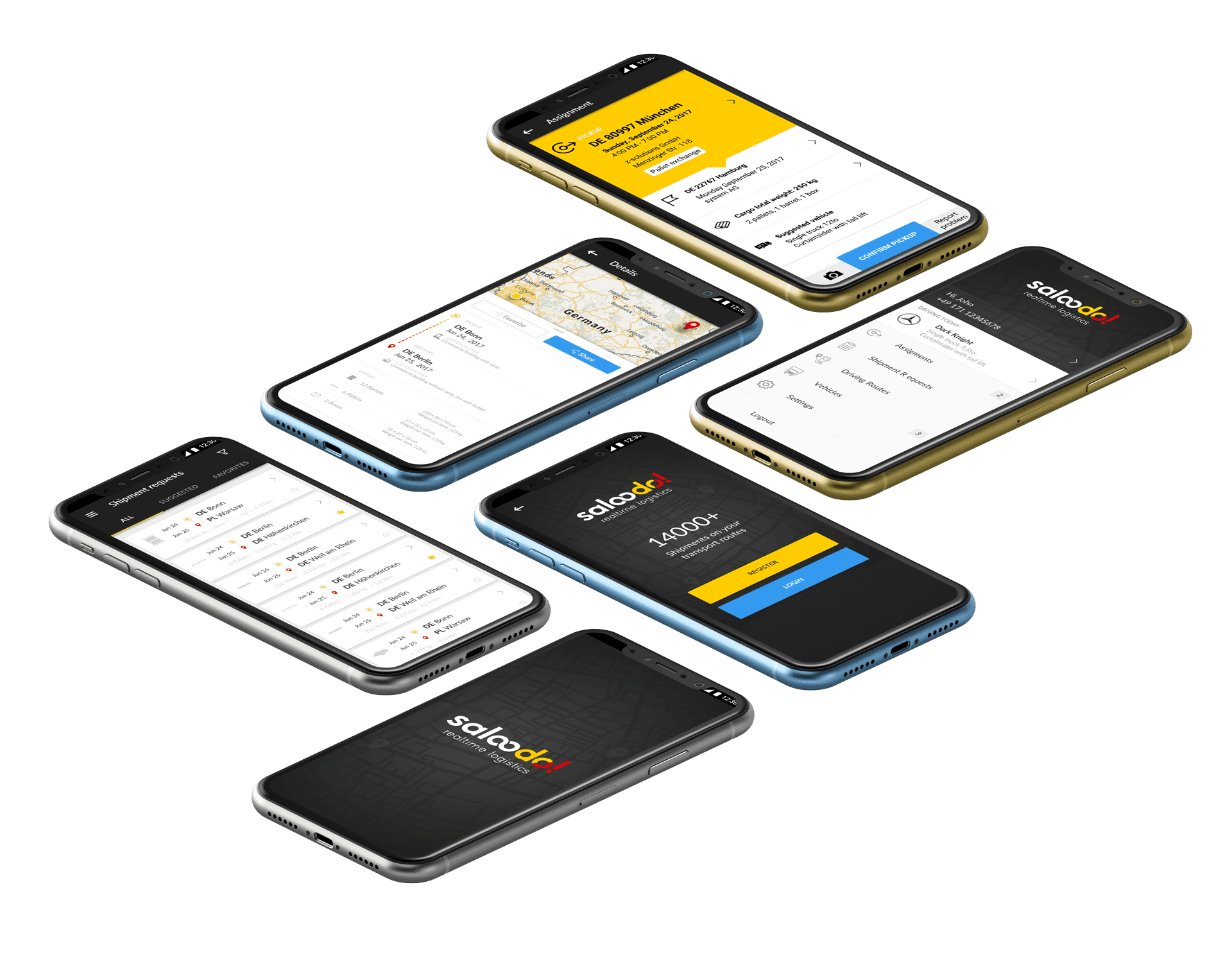Saloodo app screens showing various platform features